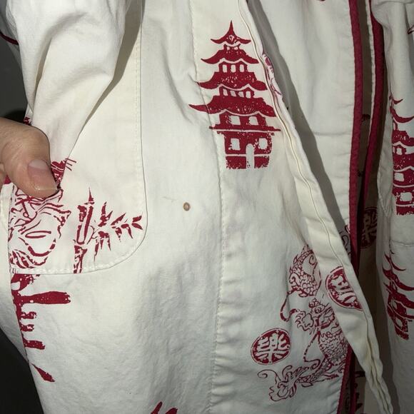 BedHead Egyptian Cotton Kimono Robe S/M White Red Japanese Print Geishas Dragons - Picture 6 of 10